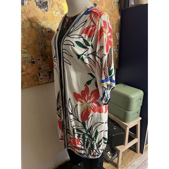 Flying Tomato Womens M/L Duster Kimono White Multi Hibiscus Print 3/4 Sleeves - Picture 7 of 9